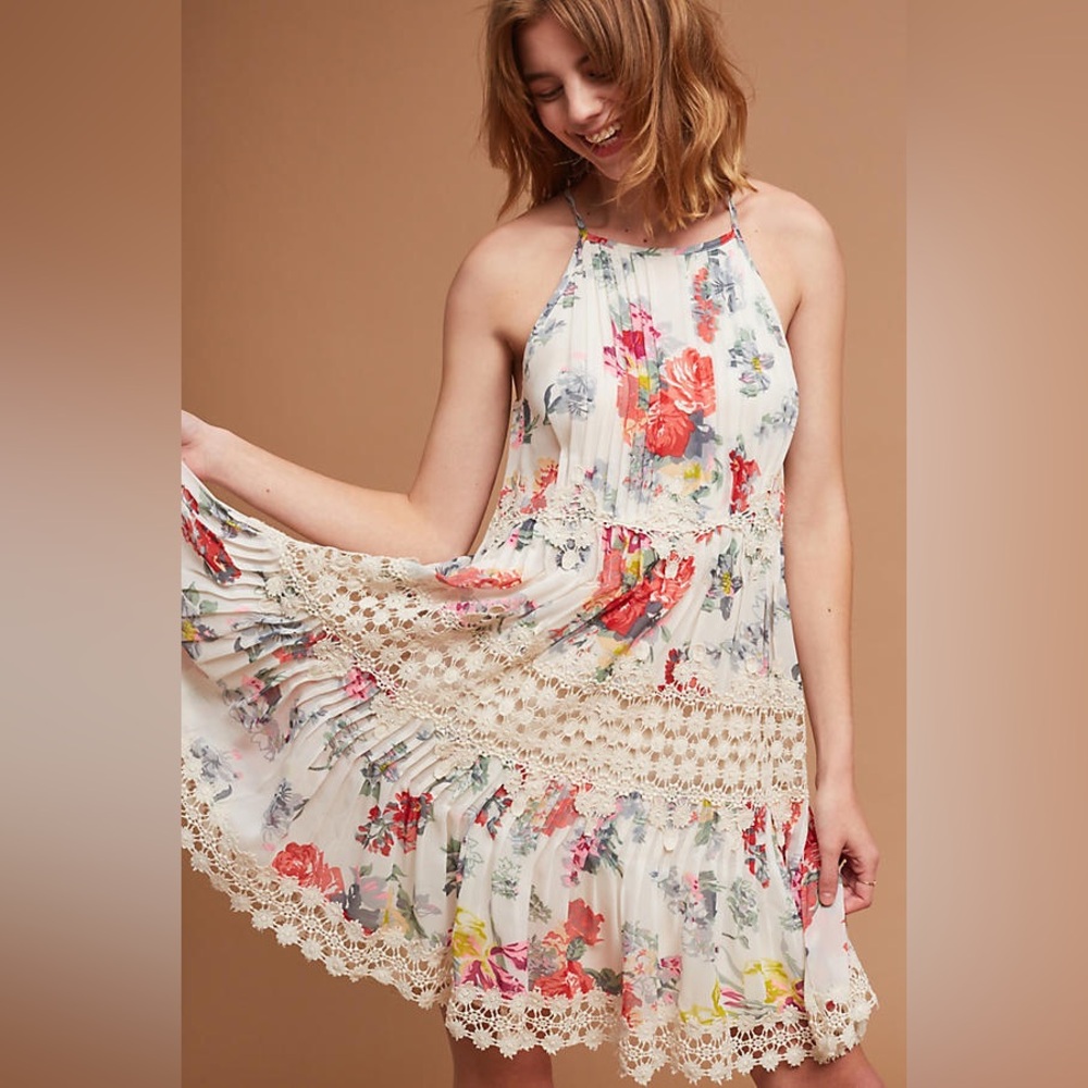 Anthropologie Ranna Gill Kalila Floral Pleated Lace Mini Dress - Size Medium